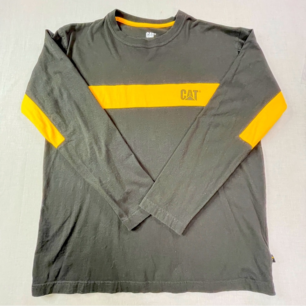 CAT Long Sleeve T-Shirt Black Yellow Stripe Men’s L Workwear Logo- Vintage